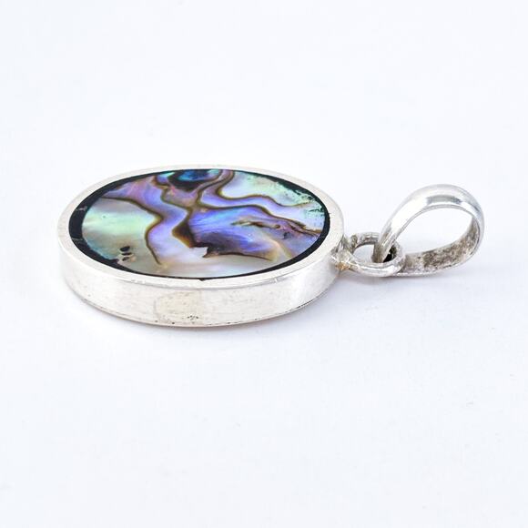 Vintage Sterling Silver 925 Iridescent Gemstone Abalone Oval Pendant - Picture 3 of 7